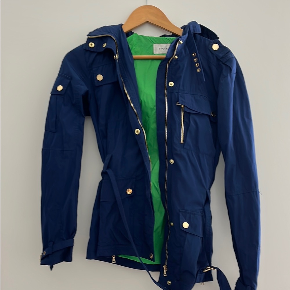 Trina Turk Blue and Green Raincoat with Hood